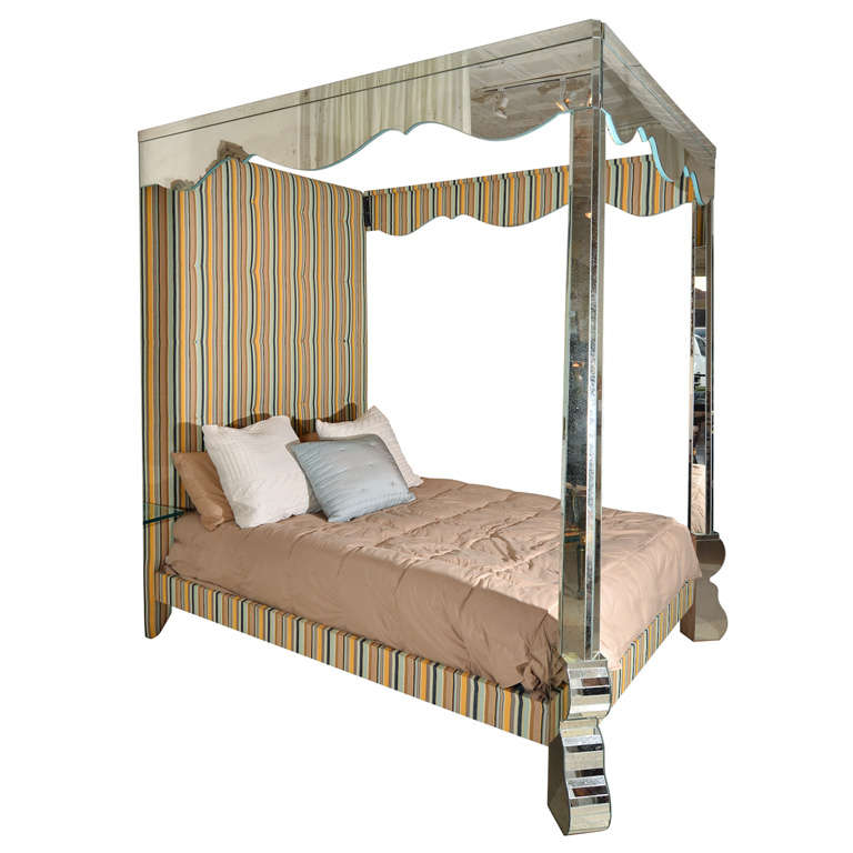 Mirrored and Upholstered Four Poster Canopy Bed at 1stdibs