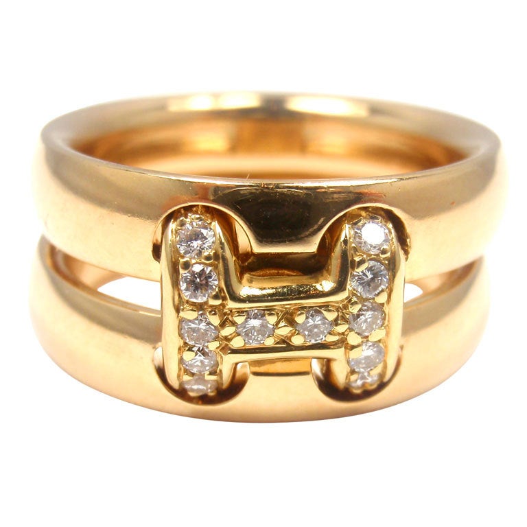 HERMES Diamond Yellow Gold 'H' Ring at 1stdibs