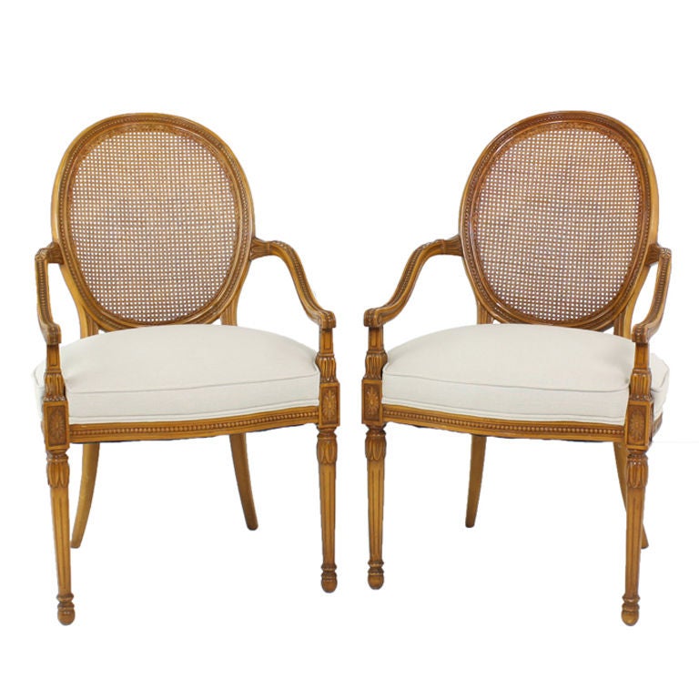 Pair of Vintage French Cane Back Accent Arm Chairs at 1stdibs