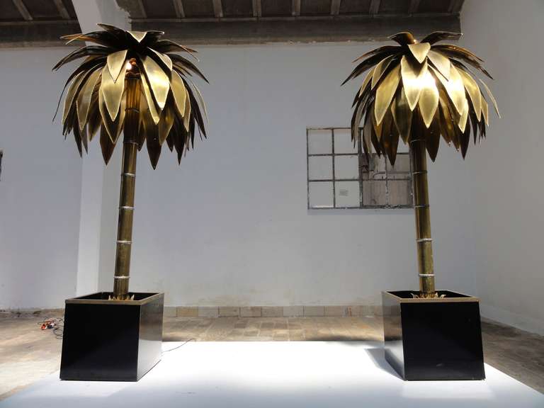 Stunning Pair of Maison Jansen Brass Gilded Metal Palm Tree Floor 