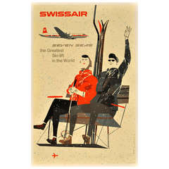 Meados do século cartaz esqui: Swissair - o maior teleférico do mundo