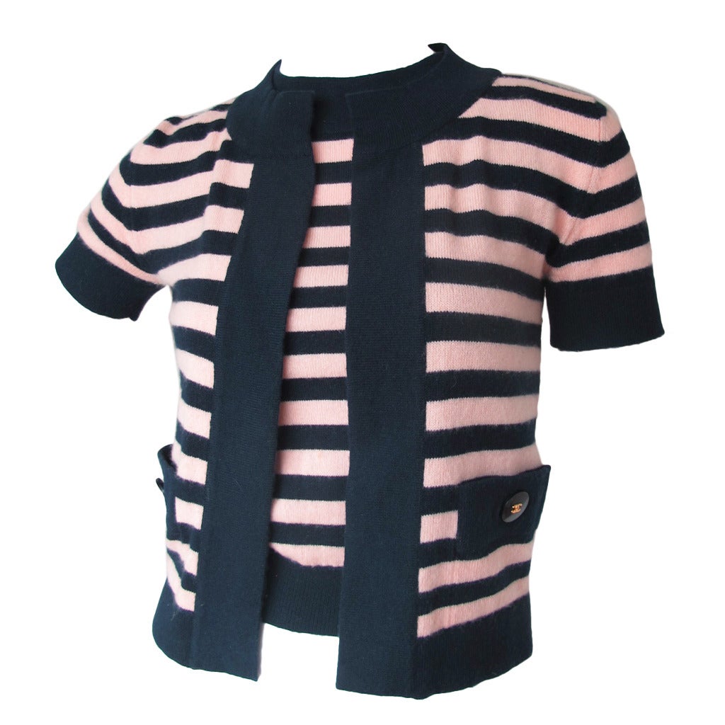 97C Chanel 100% Cashmere Striped Sweater Cardigan Twinset at 1stdibs