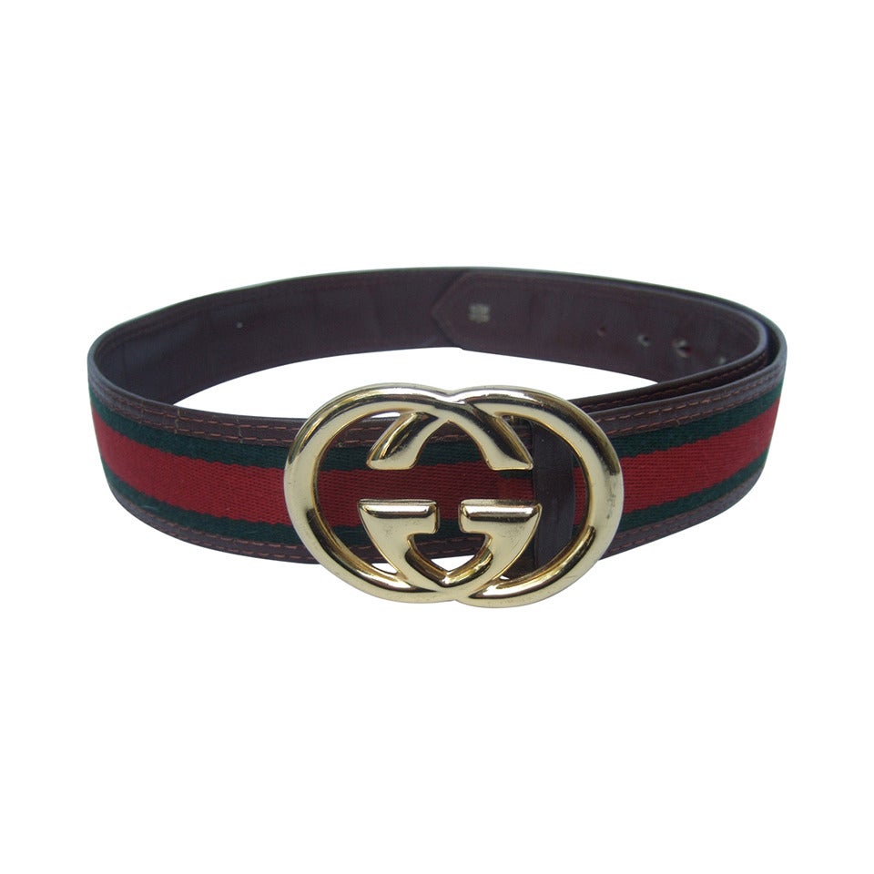 Gucci Sleek Gilt Buckle Red and Green Striped Belt c 1980s at 1stdibs
