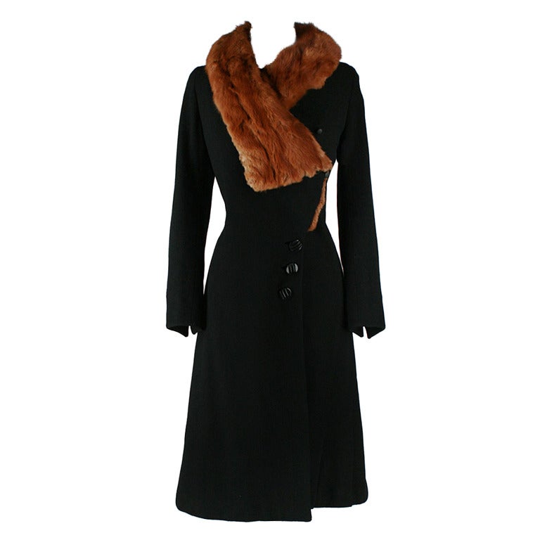 Vintage 1930's Black Wool Mink Fur Wrap Collar Coat at 1stdibs