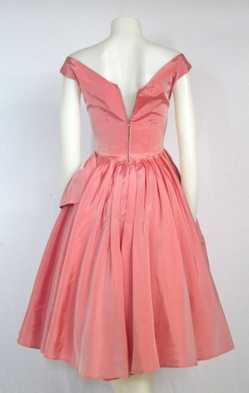 1950s Rose Petal Pink Taffeta w Side Sash Cocktail or Wedding Dress at ...