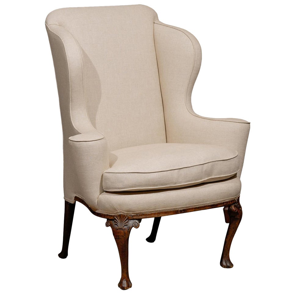 18th Century English Queen Anne Walnut Wing Chair with Shell Carving at ...