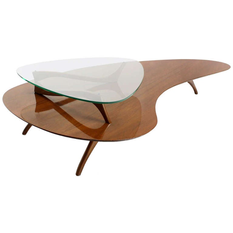 Mid Century Modern Kidney Organic Shape Walnut Coffee Table w/ Glass