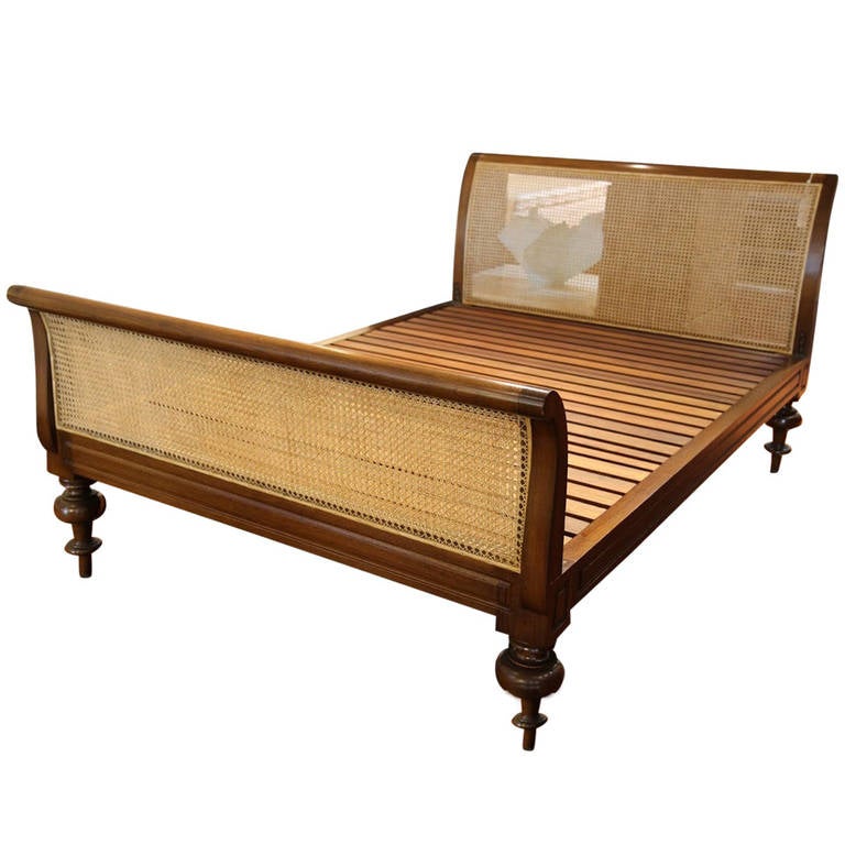 Wooden Sleigh Bed with Cane Detail in QueenSize at 1stdibs
