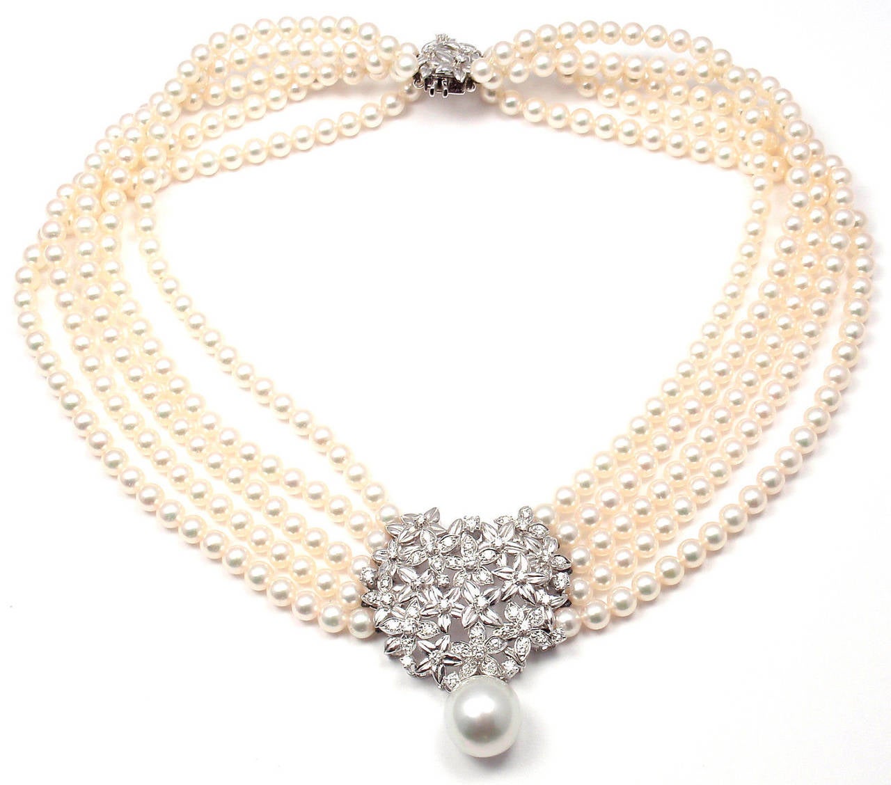 Mikimoto Five Strand Pearl Diamond White Gold Choker ...