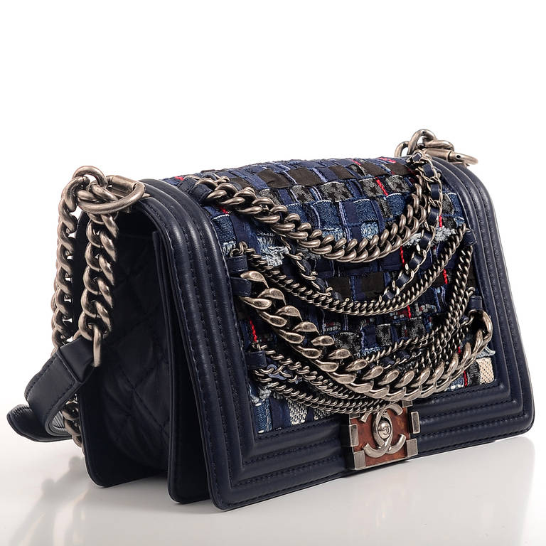 Chanel Navy Blue Tweed Dechained Chain Boy Flap Bag image 3