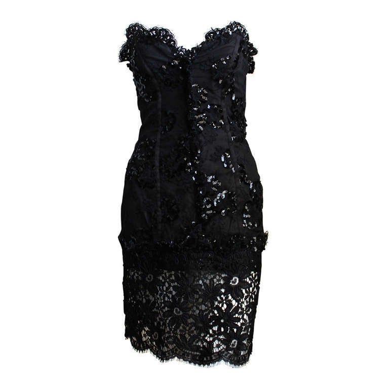 1992 YVES SAINT LAURENT lace mini dress with sequins and sheer bottom ...